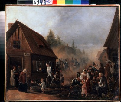 Venäjän Ranskan sodan kohtaus 1812 (Venäjän Ranskan sodan kohtaus 1812). Pjotr ​​Iljitš Baykovin (1817-?) maalaus. Öljy kankaalle, 45,3 x 55,5 cm tekijältä Pyotr Baykov