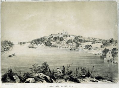 Valaam-luostari (tai Valamo) Valaam-saarella Lagodajärvellä (Venäjä) (Valaam-luostari Valaam-saarella Lagoda-järvellä). Piirustus Pjotr ​​Fjodorovitš Borel (1829-1898). Litografia, 53,3 x 70,5 cm tekijältä Pyotr Fyodorovich Borel