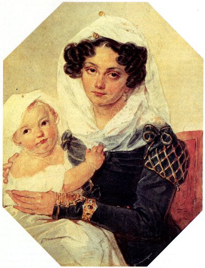 Muotokuva kreivitär Maria N. Volkonskajasta 1805-1863 pojan Nikolain kanssa, 1826 tekijältä Pyotr Fyodorovich Sokolov
