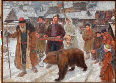 ""Skomorokhien laulu"" (Skomorokhien laulu) Vaeltavia esiintyjiä, karhunkesyttäjiä Venäjällä Pjotr ​​Ivanovitš Subbotinin (Permyak) maalaus (1886-1923) tekijältä Pyotr Ivanovich Subbotin