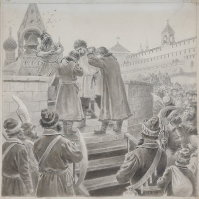 Kuvitus M. Lermontovin runoon Kauppias Kalashnikovin laulu tekijältä Pyotr Ivanovich Korovin
