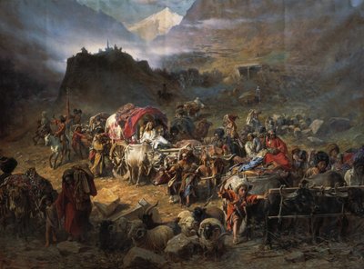 Vuorikiipeilijät poistuvat aulista ennen Venäjän armeijan saapumista vuonna 1872 tekijältä Pyotr Nikolayevich Grusinsky
