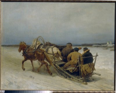 Troikka talvella. (Perinteinen venäläinen vetokoukku, kolmen hevosen vetämä). Pjotr ​​(Piotr) Petrovitš Sokolovin (1821-1899) maalaus, öljy kankaalle tekijältä Pyotr Petrovich Sokolov
