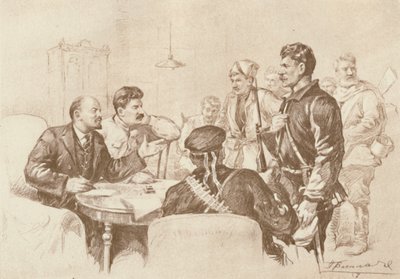 Lenin ja Stalin puhuvat punakaarteille Smolnyissa, 1917, 1939. tekijältä Pyotr Vasilyev