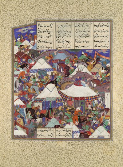 The Besotted Iranin Camp hyökkäsi yöllä, Folio 241r Shahnamasta..., n. 1525-30. tekijältä Qadimi
