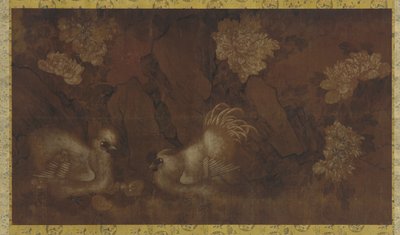 Kukko, kana ja kanat pionipensaiden lähellä (muste ja väri silkkipaneelissa) tekijältä Qing Dynasty Chinese School