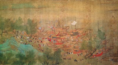 Keisari Kang Shin kiertue Kiang-Hanissa vuonna 1699 Chaio Ping Chenin (1661-1722) jälkeen (muste ja väri silkkitaustaiselle paperille) tekijältä Qing Dynasty Chinese School
