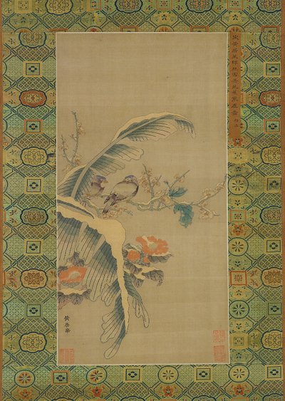 Kesi lintujen ja lumisten puiden kuvakudos tekijältä Qing Dynasty Chinese School