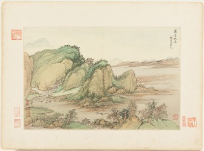 Maisemia vanhojen mestareiden mukaan, päivätty 1674 ja 1677 (kahdentoista lehden albumi; tussi ja väri paperille). tekijältä Qing Dynasty Chinese School