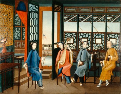 Musiikkikvartetti Amerikan lipun kanssa, noin 1800 (öljy kankaalle). tekijältä Qing Dynasty Chinese School