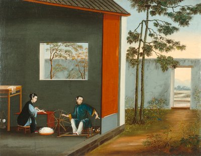 Kaksi naista kehräämässä, noin 1800 (öljy kankaalle) tekijältä Qing Dynasty Chinese School