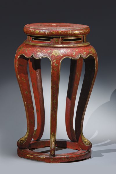 Jardinière (lakattu punaiseksi kultaisilla, ruskeilla ja vihreillä yksityiskohdilla) tekijältä Qing Dynasty Chinese School