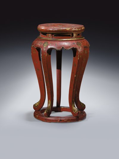 Jardinière (lakattu punaiseksi kultaisilla, ruskeilla ja vihreillä yksityiskohdilla) tekijältä Qing Dynasty Chinese School