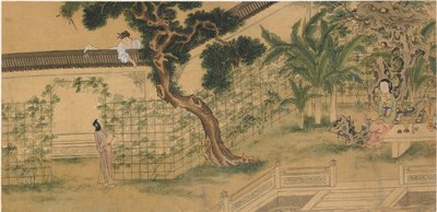 Kohtaus näytelmästä Romance of the West Chamber, Wang Shifu, 1500-luku. tekijältä Qiu Ying