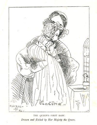 Varhaisin tunnettu kuva Victorian ensimmäisestä tyttärestä, sitten prinsessa Royalista, 3 kuukauden ikäinen, hänen kanssaan tekijältä Queen Victoria