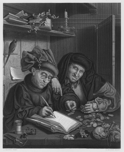 The Misers, kuvasta Royal Collection (kaiverrus) tekijältä Quentin (after) Massys or Metsys