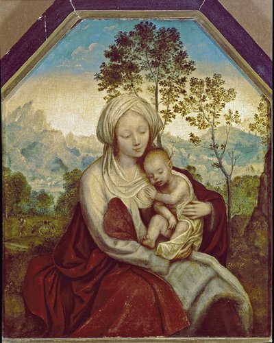 Madonna ja lapsi (tempera ja öljy puulle tekijältä Quentin Massys or Metsys
