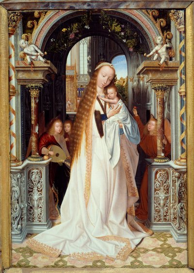Neitsyt ja lapsi kolmen enkelin kanssa (Triptyykin keskustaulu). Quentin Metsysin (1466-1530) maalaus (liekkikoulu) 1509 Dim. 0,54 x 0,37 m Lyon, musee des Beaux Arts - Neitsyt ja lapsi kolmen enkelin kanssa. Triptyykin keskipaneeli. Quentinin maalaus tekijältä Quentin Massys or Metsys