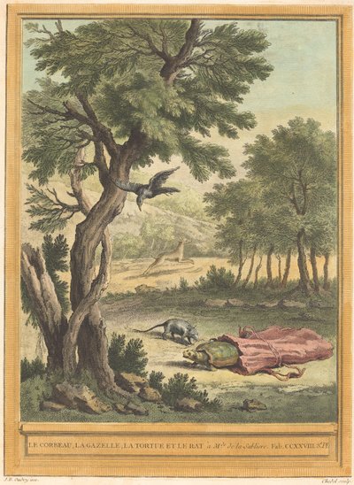 Varis, Gaselli, Kilpikonna ja Rotta (Varis, Gaselli, Kilpikonna ja tekijältä Quentin Pierre Chedel after Jean Baptiste Oudry