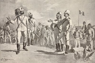Italialaiset ja paikalliset sotilaat Italian armeijan univormuissa Afrikassa, Massawa, Eritrea, kaiverrus Quinto Cennin piirroksesta, L