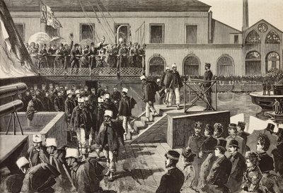 Italialaiset sotilaat laivaan Washington, Napoli, Italia, kolmas italialainen retkikunta Punaisellamerellä, kaiverrus Quinto Cennin piirustuksesta ja M Del Donin luonnos, L