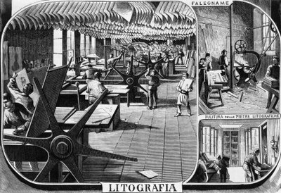 Trevesin veljien toimistot, litografiaosasto, Milano, Italia, kuvitus Quinto Cenni (1845-1917) L
