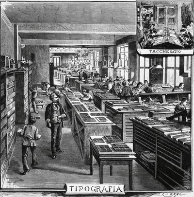 Trevesin veljien toimistot, typografia ja peittokuva, Milano, Italia, kuvitus Quinto Cenni (1845-1917) L