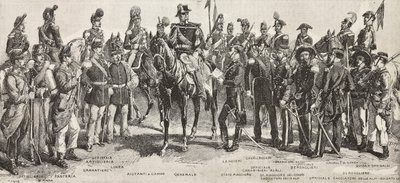 Piemonten armeija vuonna 1859: jalkaväki, tykistö, insinöörit, kranaatierit, upseerit, kenraalit, keihäsmiehet, ratsumiehet, kiväärimies, kaiverrus Quinto Cennin piirroksesta, L