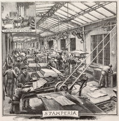 Kirjapaino Fratelli Treves -kustantamo, Milano, Italia, kaiverrus Quinto Cennin piirroksesta, L