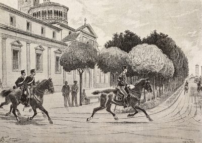 Sotilaat ratsain kulkemassa Beata Vergine dei Miracoli -pyhäkön edessä, Saronno, Italia, kaiverrus Quinto Cennin piirroksesta, L