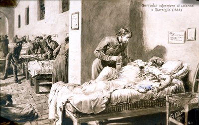 Italialainen patriootti Giuseppe Garibaldi (1807-1882) hoiti kolerapotilaita Marseillessa nimellä Pan-Borel (Pane Borel) vuonna 1836. Postikortti 1800-luvulta Yksityinen kokoelma tekijältä Quinto Cenni