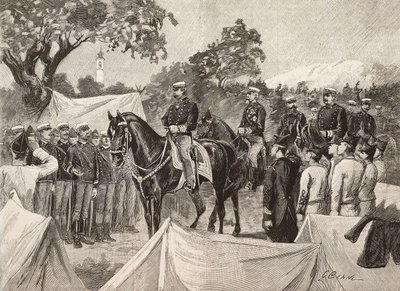 Umberto I (1844-1900), Italian kuningas, joidenkin upseerien kanssa, vierailemassa sotilasleireillä, 11. syyskuuta tekijältä Quinto Cenni