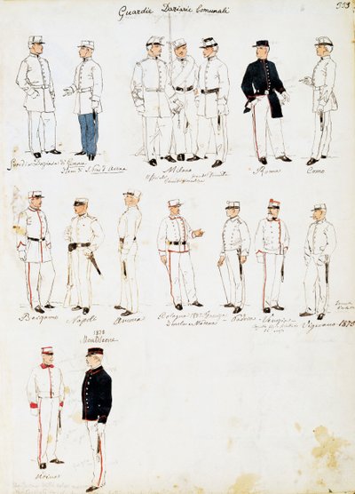 Italian kuningaskunnan tullivartijoiden univormut vuosina 1873-1878, levy Cenni Codexista, kokoelma sotilasluonnoksia vesiväreillä tekijältä Quinto Cenni