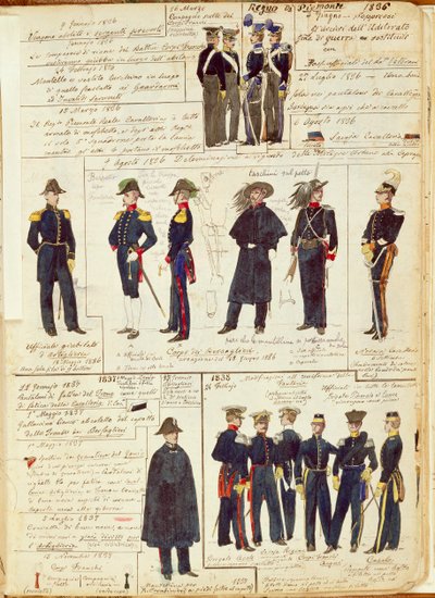 Piemonten armeijan univormut vuosina 1836-1886. Cenni Quinton värilevy tekijältä Quinto Cenni