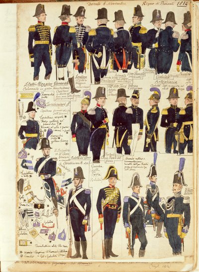 Piemonten armeijan univormut vuodelta 1814. Cenni Quinton värilevy tekijältä Quinto Cenni