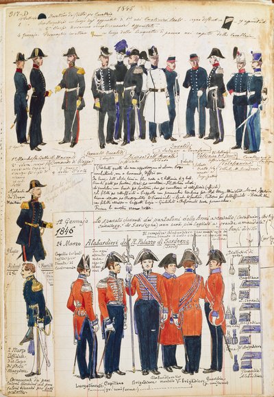 Piemonten armeijan univormut 1845-1846. Cenni Quinton värilevy tekijältä Quinto Cenni
