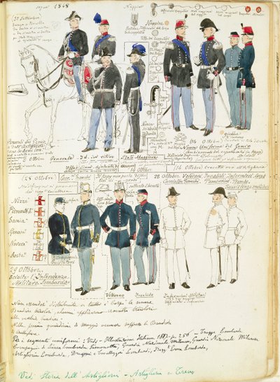 Piemonten armeijan univormut vuodelta 1848. Cenni Quinton värilevy tekijältä Quinto Cenni