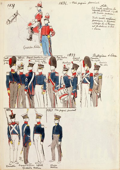 Erilaisia univormuja, Quinto Cenni, värilevy, noin 1834-1841 tekijältä Quinto Cenni