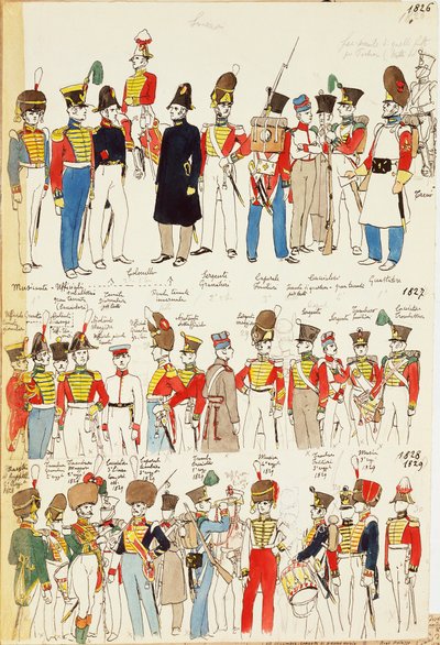 Erilaisia univormuja vuosilta 1826-1829. Cenni Quinton värilevy tekijältä Quinto Cenni
