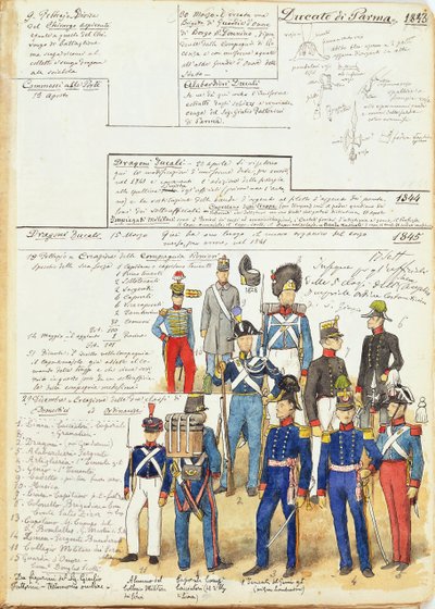 Erilaisia Parman herttuakunnan univormuja vuodelta 1845. Cenni Quinton värilevy tekijältä Quinto Cenni