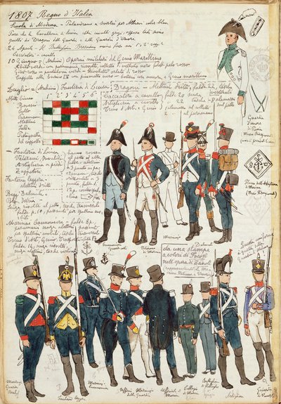 Erilaisia Italian kuningaskunnan univormuja vuodelta 1807. Cenni Quinton värilevy tekijältä Quinto Cenni