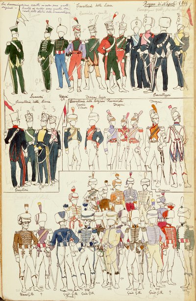 Napolin kuningaskunnan erilaisia univormuja vuodelta 1814. Cenni Quinton värilevy tekijältä Quinto Cenni
