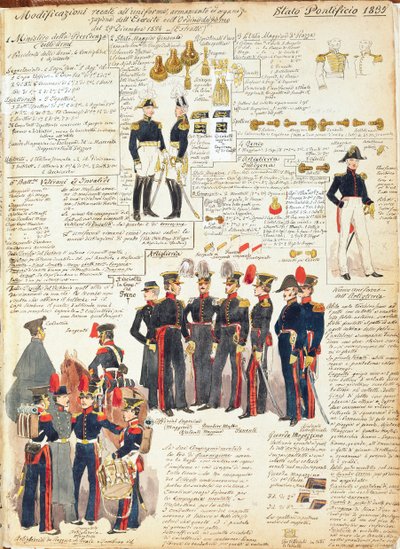 Erilaisia paavinvaltioiden univormuja vuodelta 1835. Cenni Quinton värilevy tekijältä Quinto Cenni