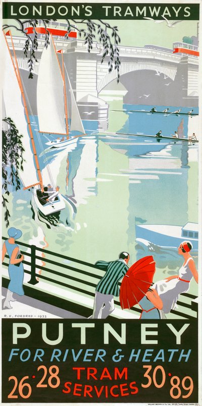 "Putney, for River and Heath", London County Council LCC Tramways -juliste, 1932 tekijältä RF Fordred