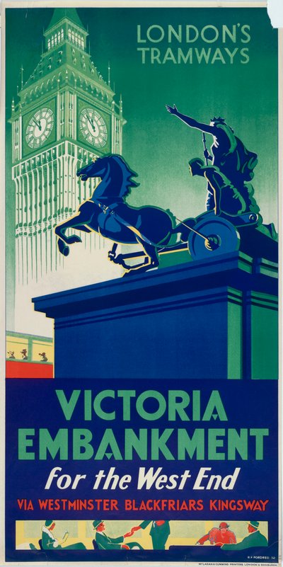 "Victoria Embankment", Lontoon kreivikuntaneuvoston LCC Tramways -juliste, 1932 tekijältä RF Fordred