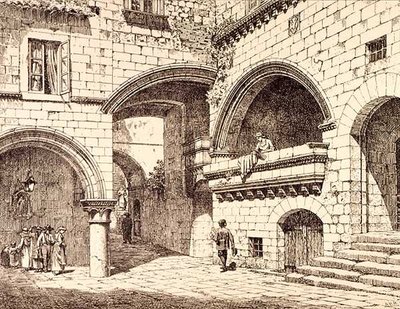 Osa Piazza San Pellegrinoa, Viterbo, Italia, julkaisusta "Esimerkkejä Ranskan ja Italian kunnallisesta, kaupallisesta ja katuarkkitehtuurista 1100-1400-luvulla, publ. kirjoittanut W. Mackenzie tekijältä R. (after) Anderson