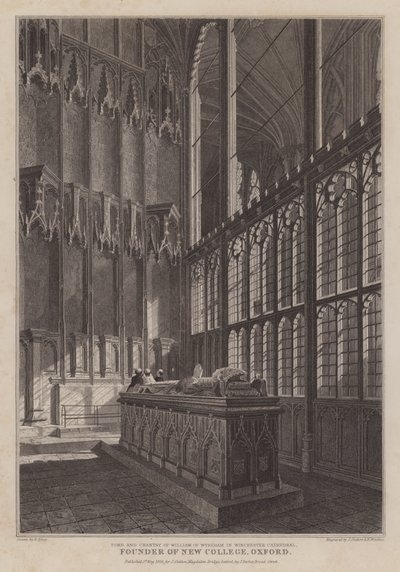 Oxfordin New Collegen perustajan William of Wykehamin hauta ja kanslia Winchesterin katedraalissa (kaiverrus) tekijältä R. (after) Essex