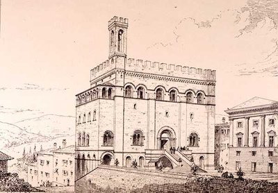Palazzo del Comune, Gubbio, Italia, julkaisusta "Esimerkkejä Ranskan ja Italian kunnallisesta, kaupallisesta ja katuarkkitehtuurista 1100-1400-luvulla" jul. kirjoittanut W. Mackenzie tekijältä R. Anderson