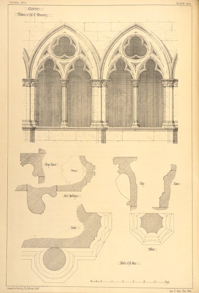 Clunyn luostarin salin ikkunat, teoksesta "Esimerkkejä Ranskan ja Italian kunnallisesta, kaupallisesta ja katuarkkitehtuurista 1200-1500-luvuilla", 1841. tekijältä R. Anderson