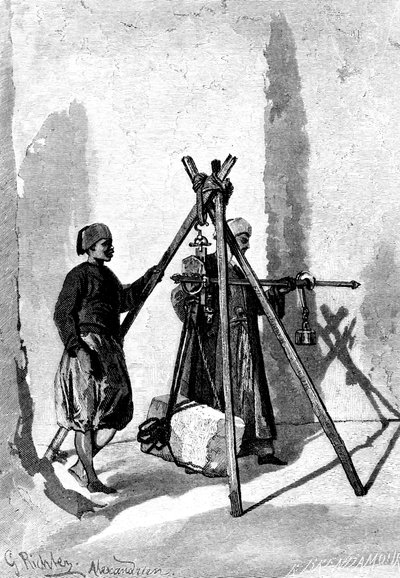 Kivikappaleiden punnitus, Egypti, 1880 tekijältä R. Brandamour